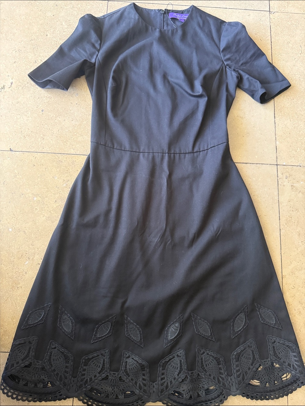 Ralph Lauren Purple Label Black Short-Sleeve Midi Dress with Laser-Cut Hem